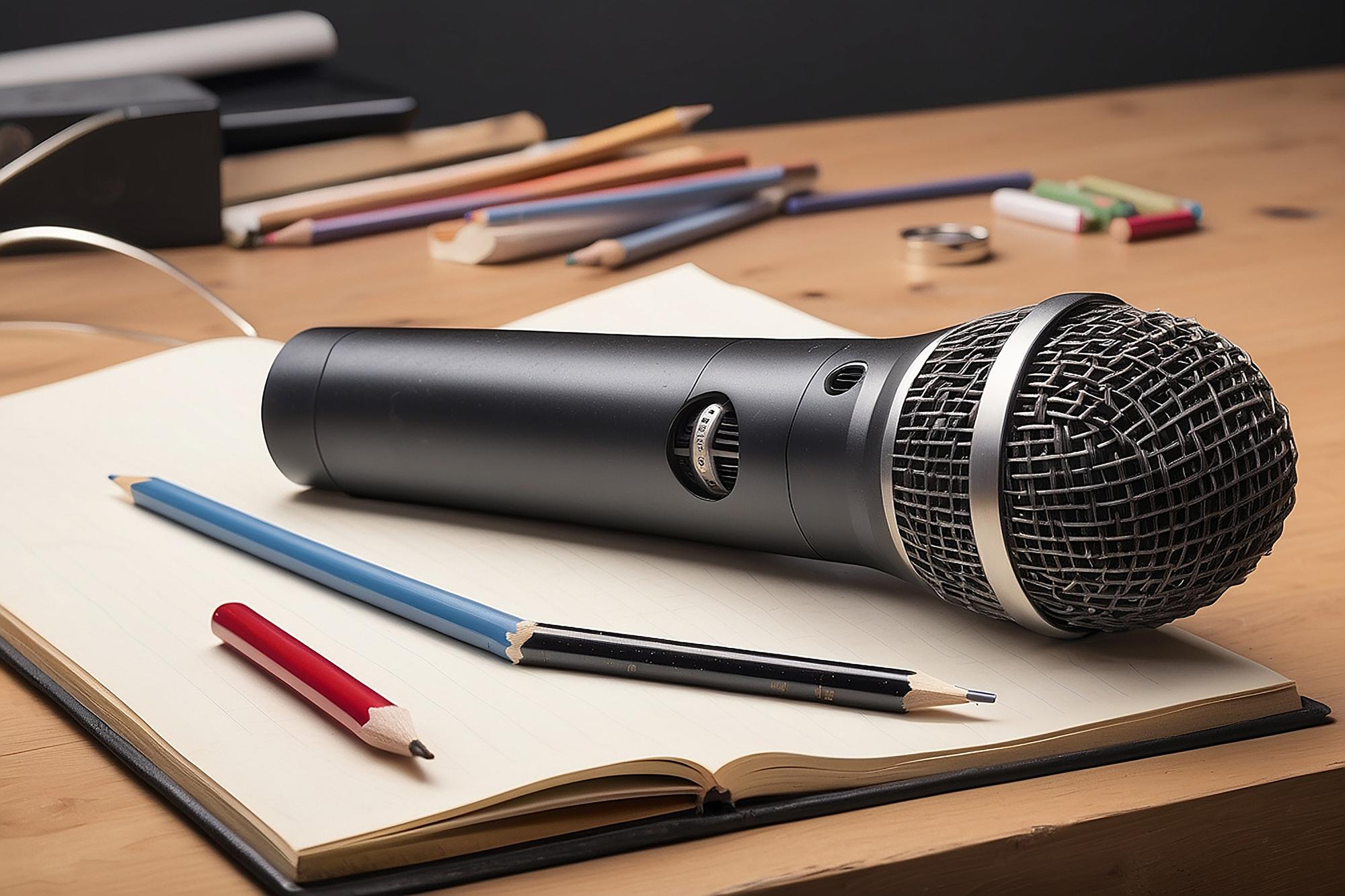 Large editorial shot of microphone and notes